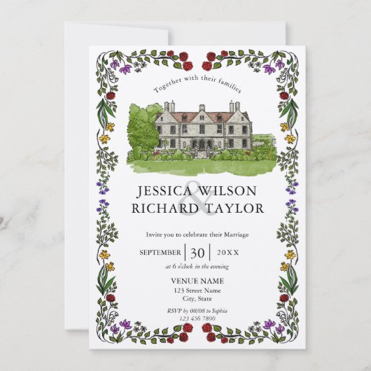 エレガントカスタムハンドドロッドベーションマナーイラストレーション 招待状 (正面)