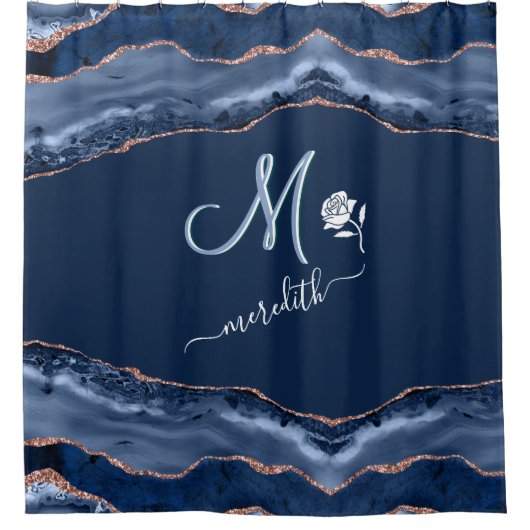 エレガントカスタムモノグラムブルー金ゴールド瑪瑙 シャワーカーテン (正面)