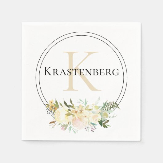 エレガントカスタムモノグラム名ホワイトローズ スタンダードカクテルナプキン (正面)