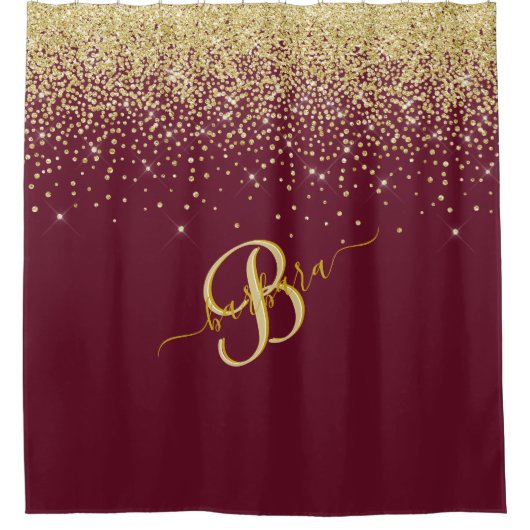 エレガントカスタムモノグラム赤金ゴールドスパークル シャワーカーテン (正面)