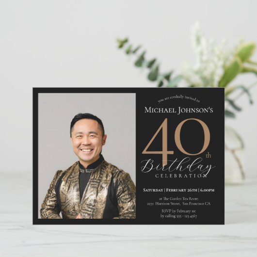 エレガントカスタム写真黒金ゴールド40歳 招待状 (スタンド正面)