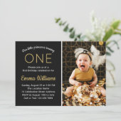 エレガントカスタム金ゴールドブラック第1誕生日 招待状 (スタンド正面)