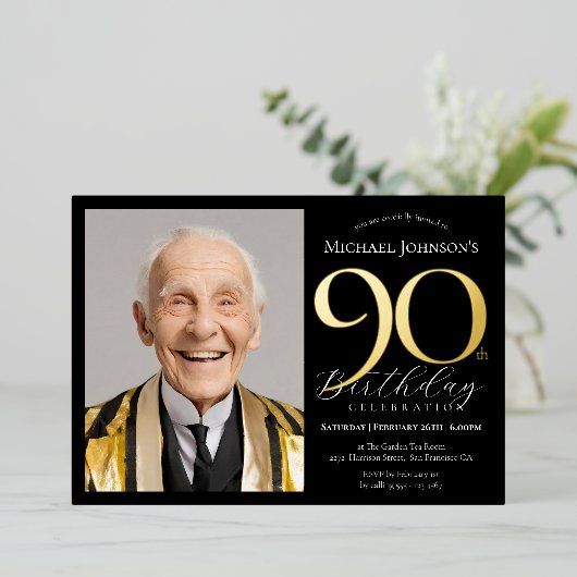 エレガントカスタム金ゴールド黒90誕生日 箔招待状 (立ち正面)