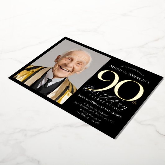 エレガントカスタム金ゴールド黒90誕生日 箔招待状 (回転した状態)