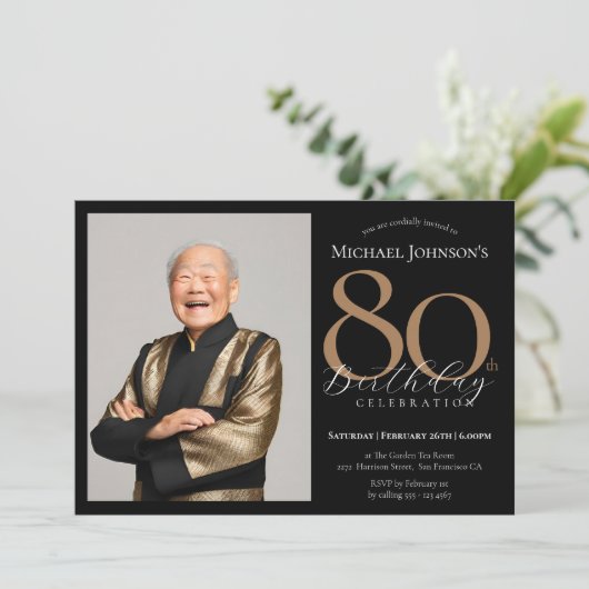 エレガントカスタム金ゴールド80誕生日 招待状 (スタンド正面)