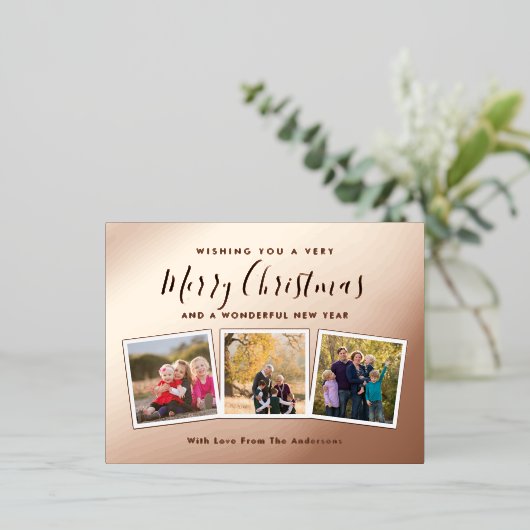 エレガントカスタム3フォトコラージュメリークリスマス 箔シーズンポストカード (立ち正面)