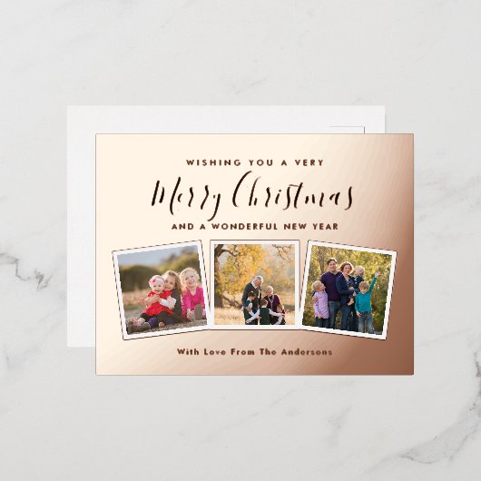 エレガントカスタム3フォトコラージュメリークリスマス 箔シーズンポストカード (正面/裏面)