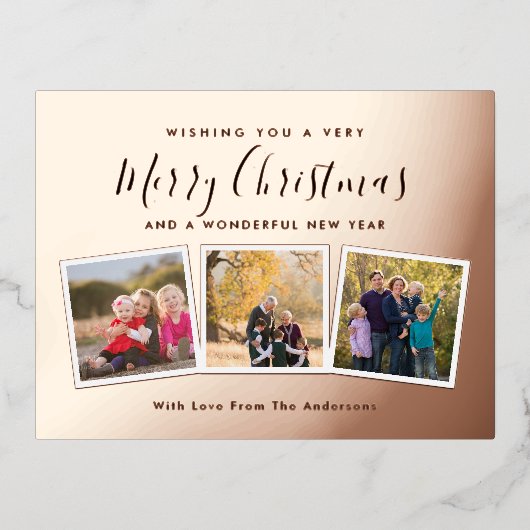 エレガントカスタム3フォトコラージュメリークリスマス 箔シーズンポストカード (正面)