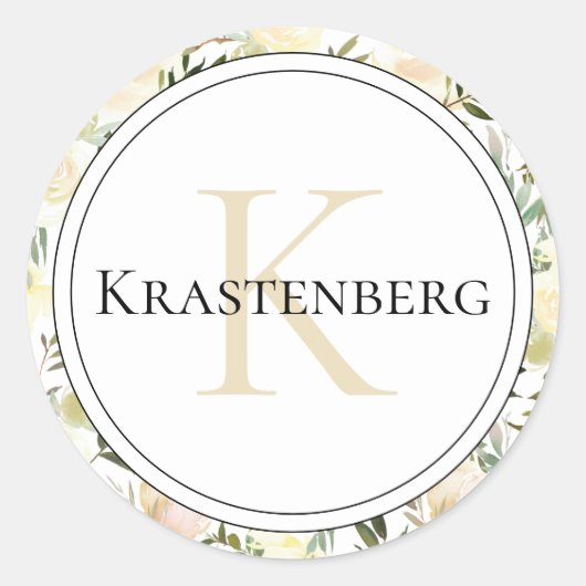 エレガントカスタムFamily Monogram Name on Creamバラ ラウンドシール (正面)