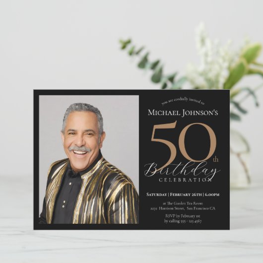 エレガントカスタムPhoto Black金ゴールド50誕生日 招待状 (スタンド正面)