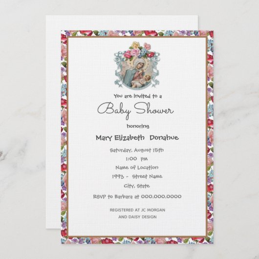 エレガントカトリック赤ちゃんシャワーフローラ招待状 招待状 (正面/裏面)