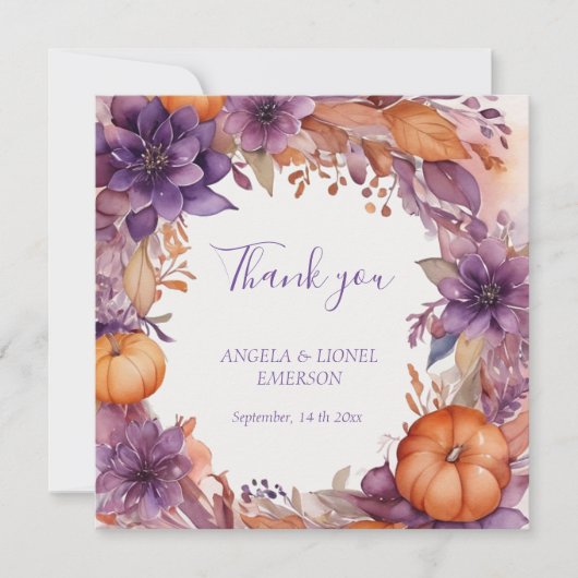 エレガントカボチャ紫の花結婚の数 サンキューカード (正面)