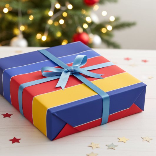 エレガントカラフルストライプ、赤い青の黄色と銀 ラッピングペーパー