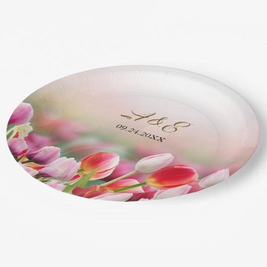 エレガントカラフルチューリ花模様結婚ズ ペーパープレート (アングル)