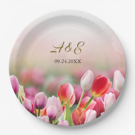 エレガントカラフルチューリ花模様結婚ズ ペーパープレート (正面)