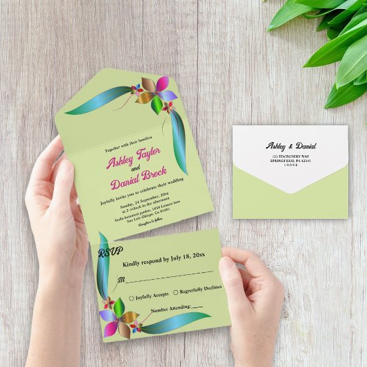 エレガントカラフルバラシャイニーフローラ結婚ズ オールインワン招待状