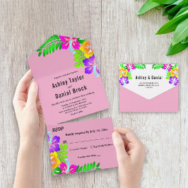エレガントカラフルバラボホピンクフローラ結婚ズ オールインワン招待状