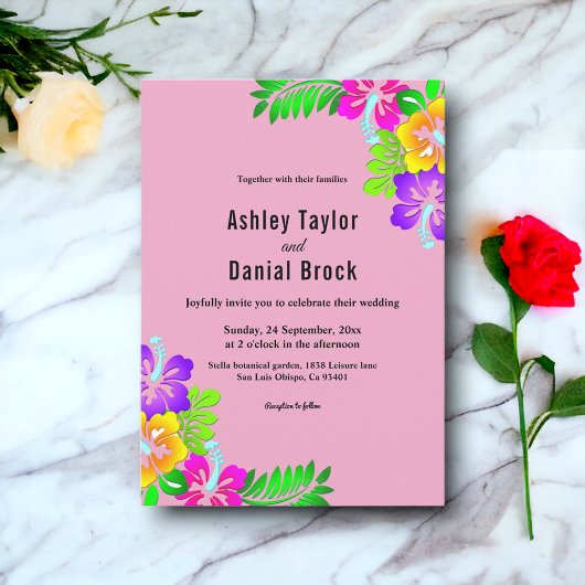 エレガントカラフルバラボホピンクフローラ結婚ズ 招待状