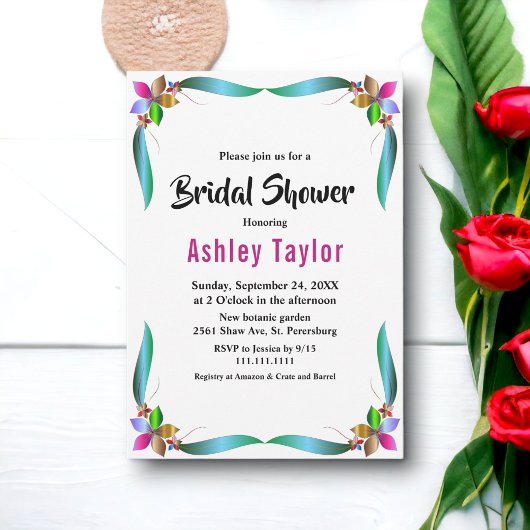 エレガントカラフルバラ光沢フローラブライダルシャワー 招待状