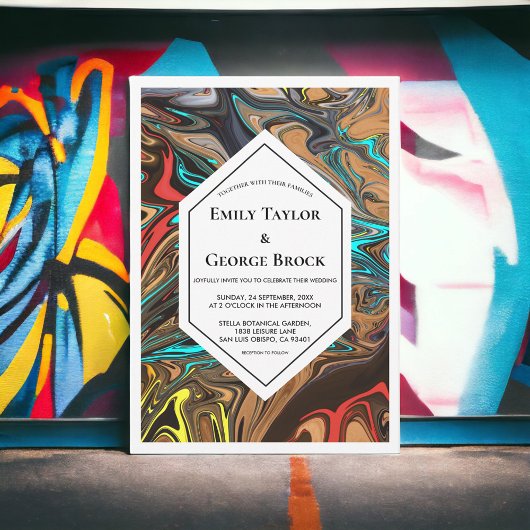 エレガントカラフルミニマル波抽象芸術結婚s 招待状