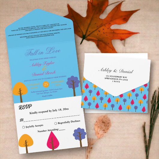 エレガントカラフル木の素朴青結婚い オールインワン招待状