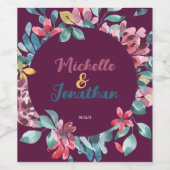 エレガントカラフル水色フローラ結婚 ワインラベル (シングルラベル)