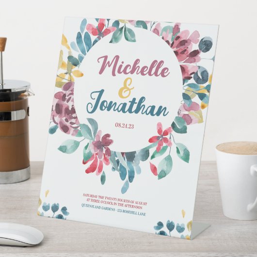 エレガントカラフル水色フローラ結婚 台座サイン (インサイチュ)