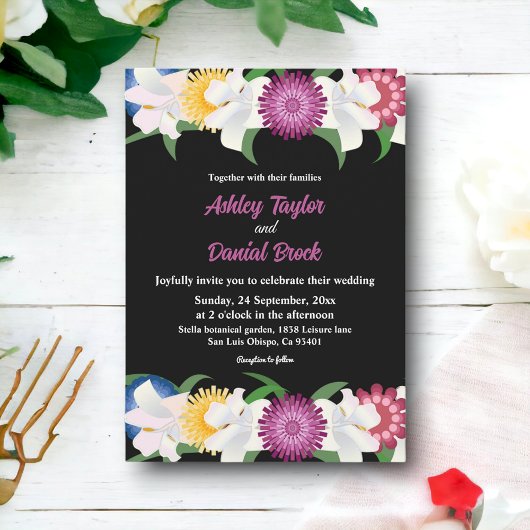 エレガントカラフル素朴バラブラックフローラ結婚ズ 招待状