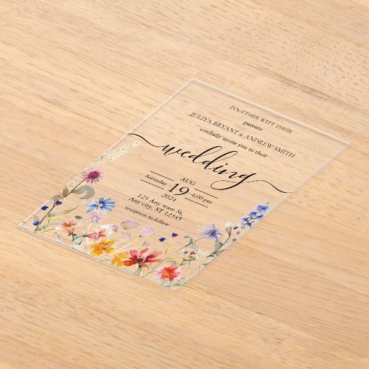 エレガントカラフル結婚野花 アクリル招待状 (レイダウン)