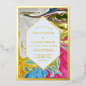 エレガントカラフル絵画抽象芸術結婚金ゴールド 箔招待状 (正面)