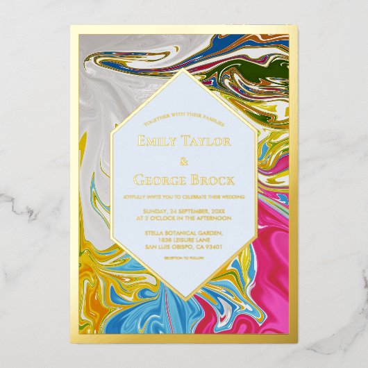 エレガントカラフル絵画抽象芸術結婚金ゴールド 箔招待状 (正面)