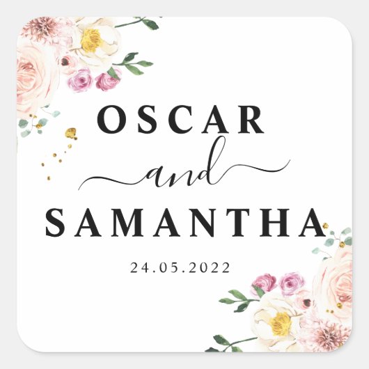 エレガントカラフル美しい花と金ゴールドドロップ スクエアシール (正面)