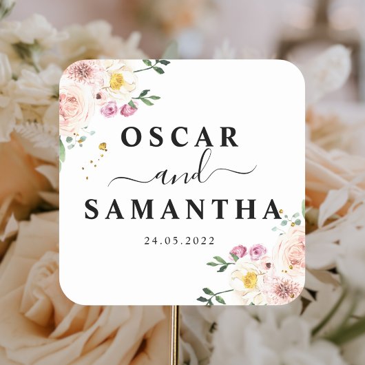 エレガントカラフル美しい花と金ゴールドドロップ スクエアシール