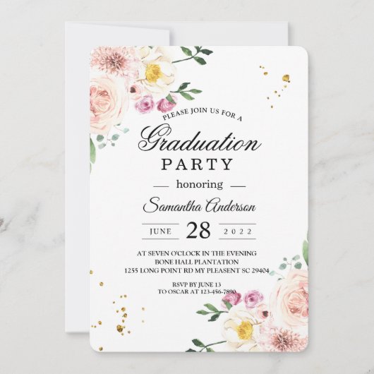 エレガントカラフル美しい花と金ゴールドドロップ 招待状 (正面)