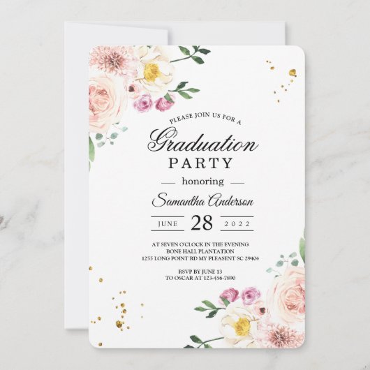 エレガントカラフル美しい花と金ゴールドドロップ 招待状 (裏面)