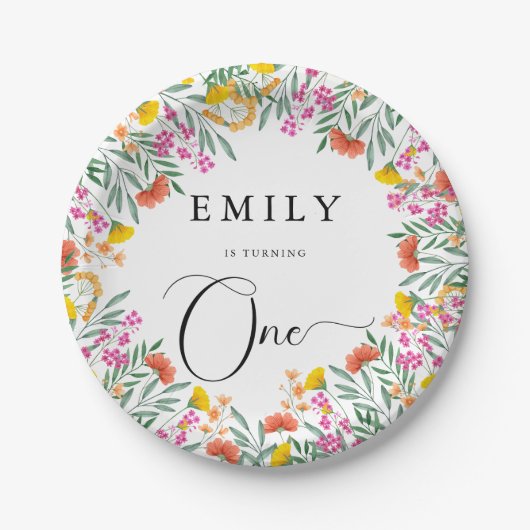 エレガントカラフル花1歳の誕生日パーティー ペーパープレート (正面)