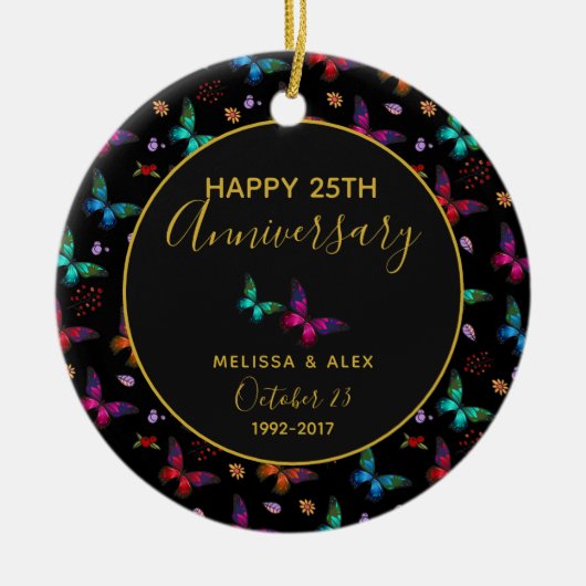 エレガントカラフル蝶オンブラックアニバーサリー セラミックオーナメント (正面)