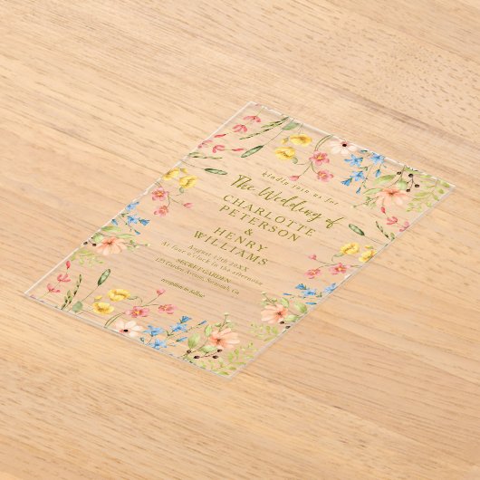 エレガントカラフル野モダン花結婚の アクリル招待状 (レイダウン)