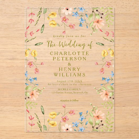 エレガントカラフル野モダン花結婚の アクリル招待状 (正面)