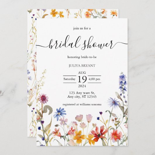 エレガントカラフル野花ブライダルシャワー 招待状 (正面/裏面)