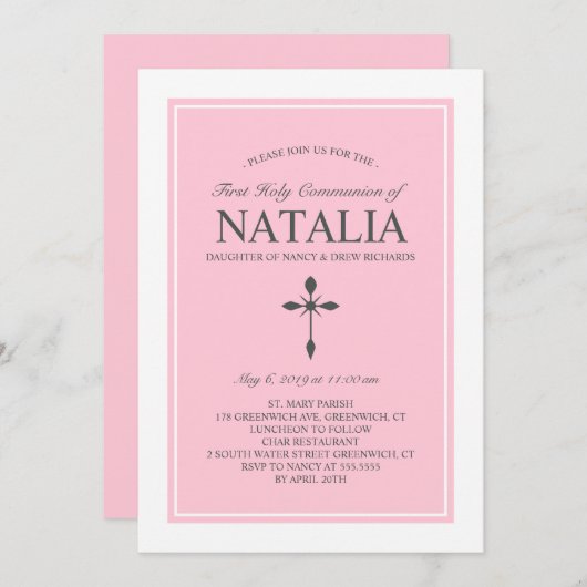 エレガントカラーコミュニオン招待状ピンク 招待状 (正面/裏面)