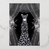 エレガントカーテン&ドレスブライダルシャワー実在シルバー 箔招待状 (正面)