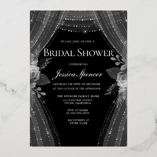 エレガントカーテン&ドレスブライダルシャワー実在シルバー 箔招待状 (裏面)