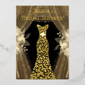 エレガントカーテン&ドレスブライダルシャワー実在金ゴールド 箔招待状 (正面)