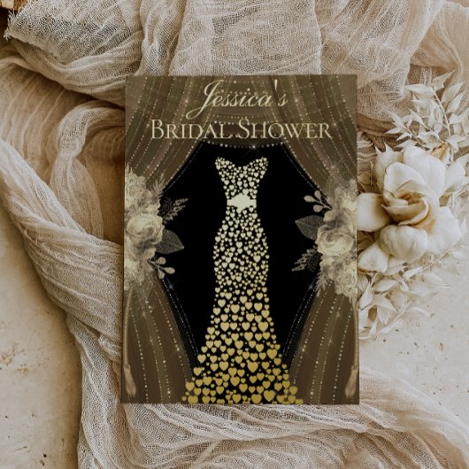 エレガントカーテン&ドレスブライダルシャワー実在金ゴールド 箔招待状