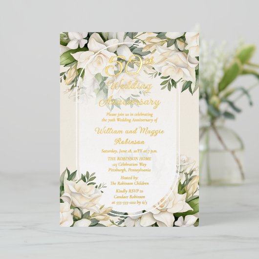 エレガントガーデニアフローラ50結婚周年 箔招待状 (立ち正面)