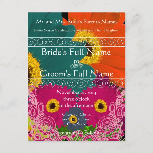 エレガントガーベラデイジー結婚式招待状旋回 インビテーションポストカード (正面)