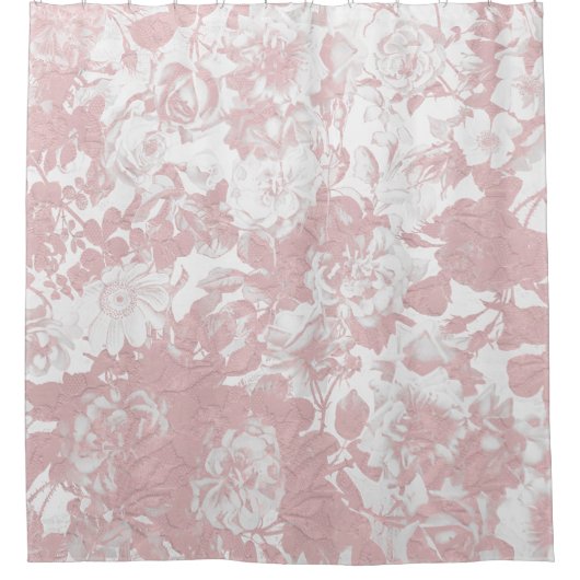 エレガントガーリートレンディーピンクコーラルホワイトフローラレース シャワーカーテン (正面)