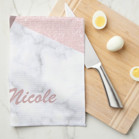エレガントガーリーバラ金ゴールドグリッターとホワイトマーブル キッチンタオル (四つ折り)