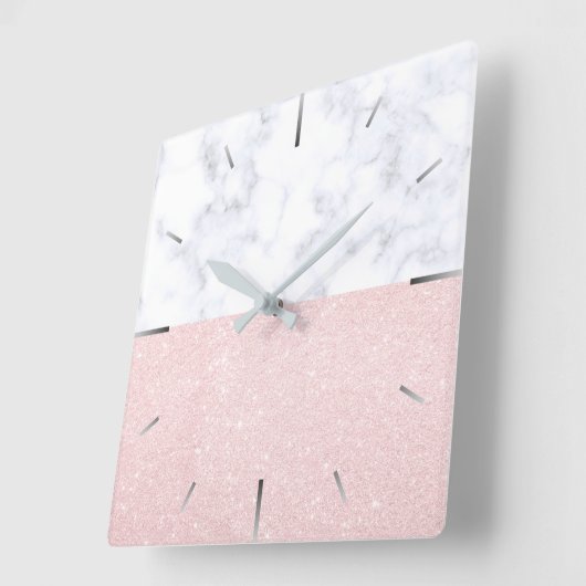 エレガントガーリーバラ金ゴールドグリッターとホワイトマーブル スクエア壁時計 (傾斜)